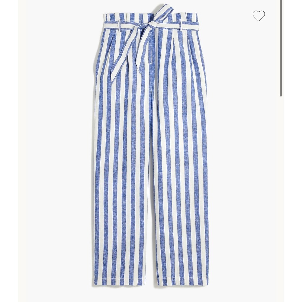 J.Crew Striped Linen Cotton Paperbag Waist Pants Blue White Size 2 Wide Leg Tie